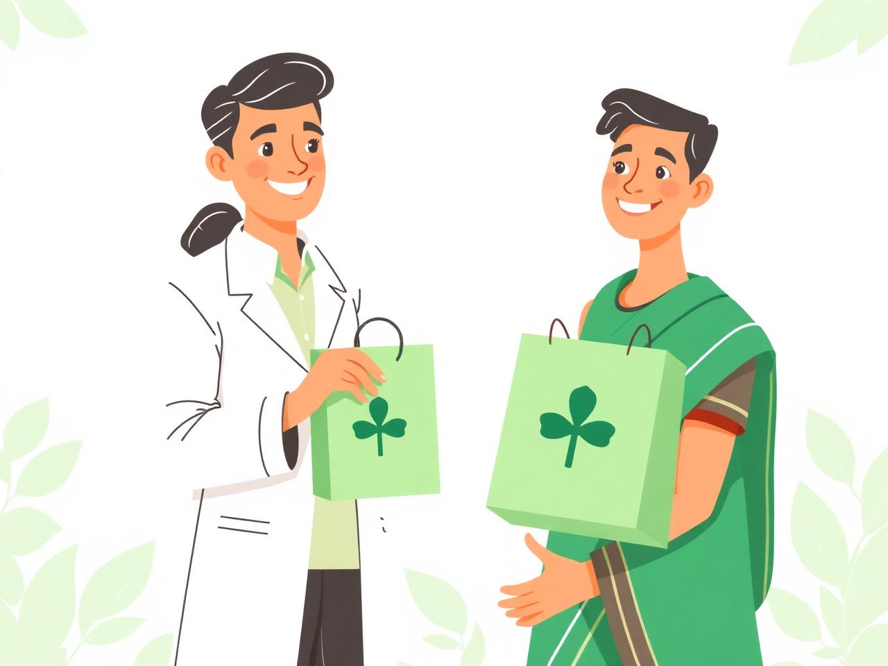 Pharmacist handing medicine bag to a happy customer